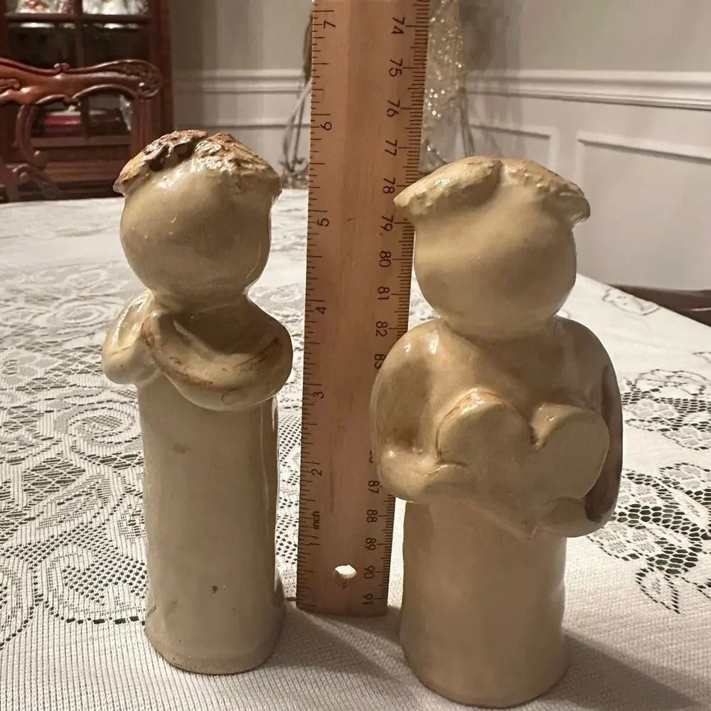 Glazed Stoneware Pottery Rustic Figurines X2 Folk Art Cottage Chic Love & Prayer